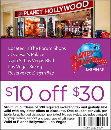 Planet Hollywood Las Vegas Restaurant $10.00 Off Coupon