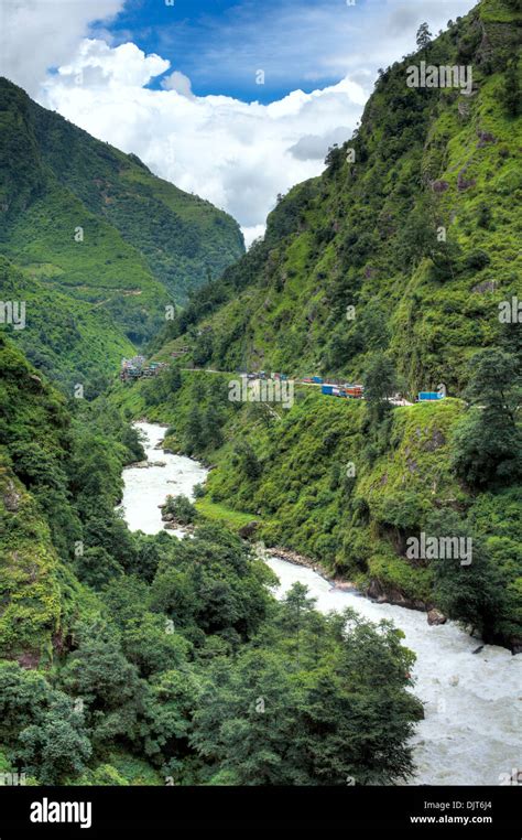 Bhote Kosi (Rongshar Tsangpo) river, mountain waterfall, Araniko ...