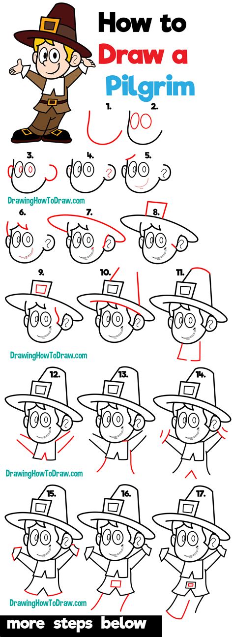 How to Draw a Cartoon Pilgrim for Thanksgiving Easy Step by Step ...