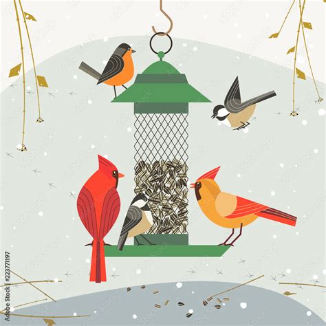 Cute birds poster. Red Northern cardinal, chickadee robin comic cartoon ...