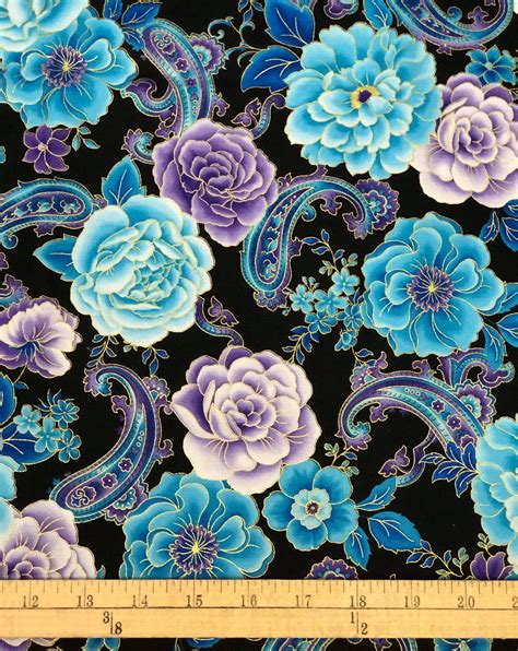 Blue Floral Paisley Cotton Fabric with Gold Highlights Hi | Etsy