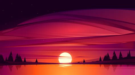 sunset, lake, trees, Sun, digital art, purple sky, stars | 3840x2160 Wallpaper - wallhaven.cc