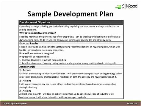 a table with the words sample development plan