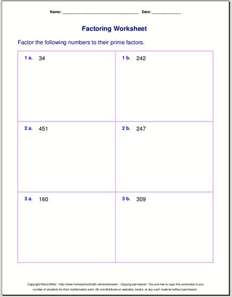 Free worksheets for prime factorization / find factors of a number