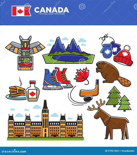 Canada Tourism Travel Landmarks and Culture Famous Symbols Vector Icons Set Stock Vector ...