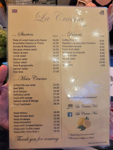 Menu at La Cucina restaurant, Nice