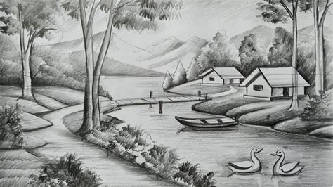 how to draw easy pencil sketch scenery,landscape pahar and river side ...