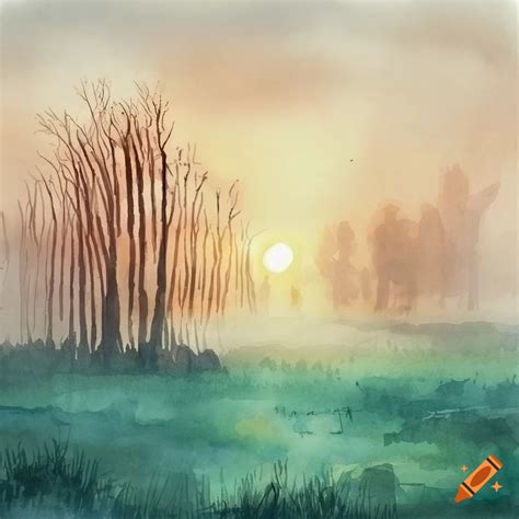 Watercolor illustration of sunrise over a foggy field on Craiyon