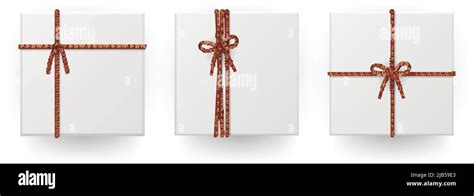 White square parcel package box tying up rope cord knots gifts wrapping ideas realistic set ...