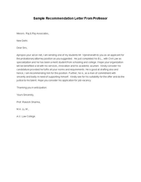 Recommendation Letter From Professor | Templates at allbusinesstemplates.com