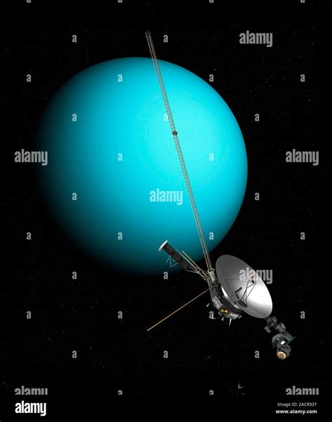 Voyager 2 and Uranus. Computer artwork of the Voyager 2 spacecraft approaching the planet Uranus ...