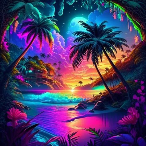 Tropical Beach with Palm Trees and Sunset. Vector Illustration Stock Illustration - Illustration ...