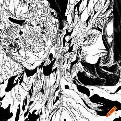 Highly detailed black and white manga panel with sharp outlines in an abstract style on Craiyon