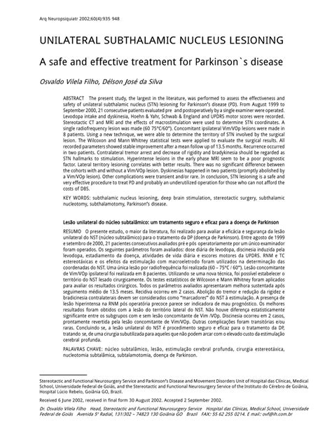 (PDF) Unilateral subthalamic nucleus lesioning - A safe and effective treatment for Parkinson's ...