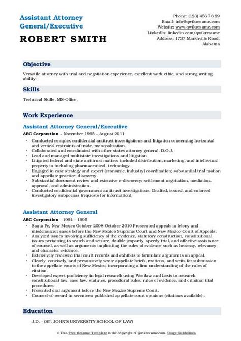 Assistant Attorney General Resume Samples | QwikResume