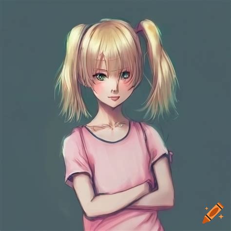 Anime girl with blonde hair and green eyes in a light pink sleeveless t-shirt on Craiyon