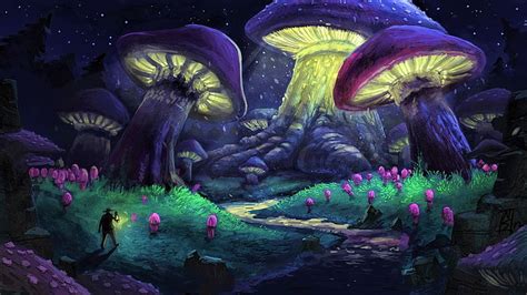 HD wallpaper: artistic, fantasy, forest, mushroom, night, purple ...