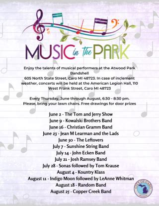 2022 Music in the Park Schedule for the Atwood Park Bandshell | Caro, MI