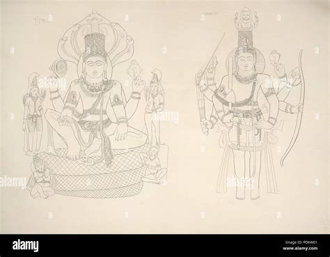 An 1853 sketch of Vaikuntha Vishnu (left) and Ashtabhuja Vishnu at Cave ...