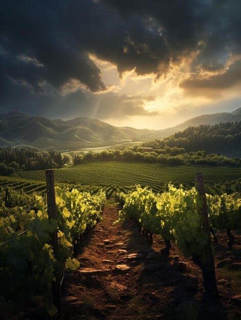 Premium AI Image | sunset over a vineyard with a sunset and mountains in the background.