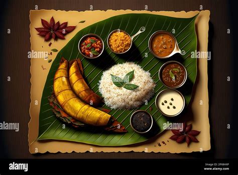 Kerala sadya traditional food served on banana leaf with rice sambar ...