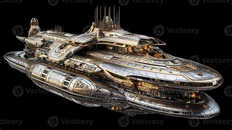 Fantasy spaceship scene against the backdrop of a futuristic city. This is a 3D rendering of the ...