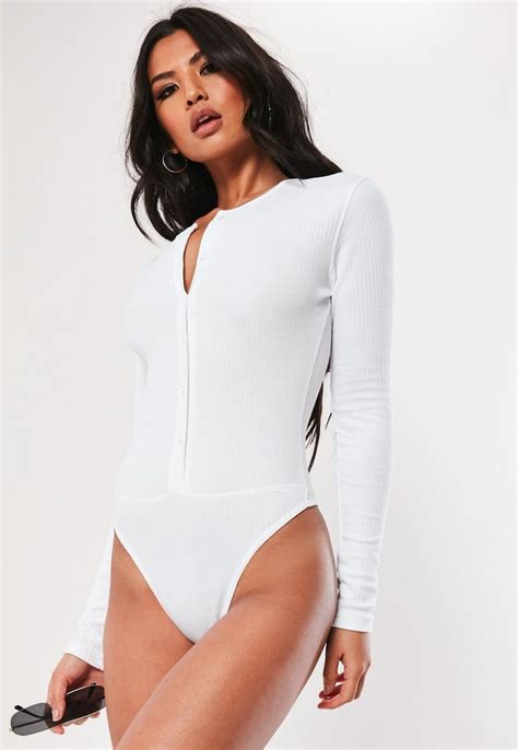 Missguided - White Button Front Ribbed Bodysuit | Ribbed bodysuit, Clothing for tall women ...