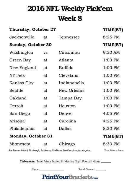 Printable Week 8 NFL Schedule Pick Em Sheets | Print Your Own Brackets ...