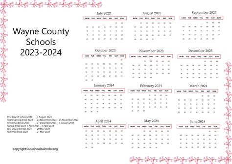 Wayne County Schools Calendar with Holidays 2023-2024