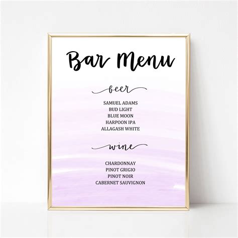 Watercolor Bar Menu Beer & Wine Instant Download - Etsy