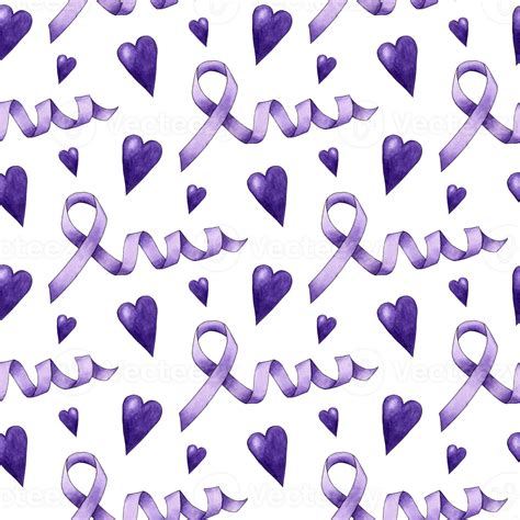 Watercolor illustration pattern purple ribbon and hearts, symbol of Domestic Violence Awareness ...