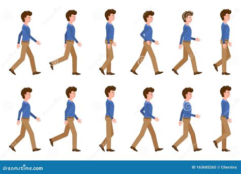 Young Adult Man In Light Brown Pants Walking Sequence Poses Vector Illustration. Moving Forward ...