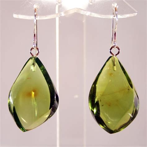 Green Amber Drop Earrings from the Caribbean set in Sterling Silver