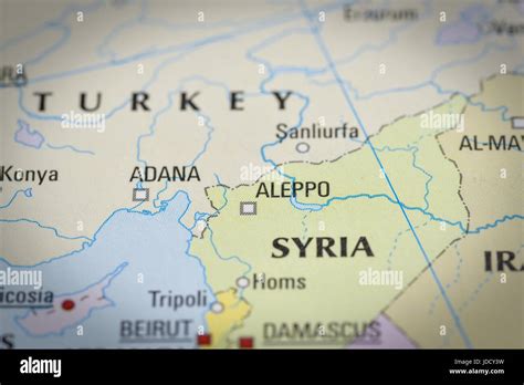 Syria-Aleppo in close up on the map. Focus on the name of country Stock ...