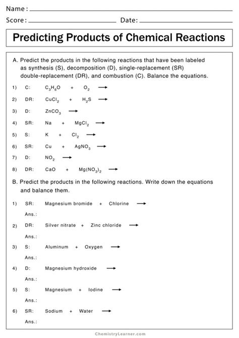 Chemical Equation Worksheet Types Of Reactions Identifying And Predicting Products - Tessshebaylo