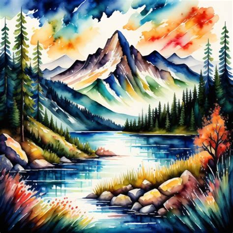 Premium Photo | A painting of a river with mountains and trees.