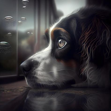 Sad dog looking through the window. Sadness and loneliness concept ...