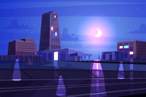 Vector Beautiful Night Cartoon City with Moon. Stock Vector - Illustration of outdoor, backdrop ...