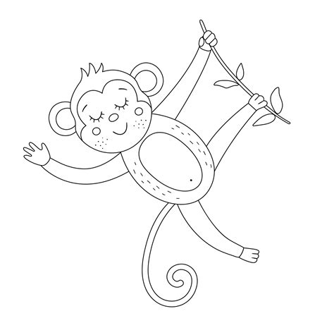 Vector cute monkey hanging on a tree brunch outline. Funny tropical ...