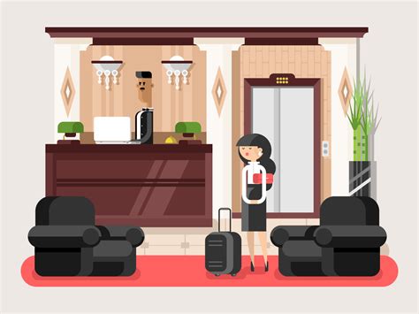 Lobby hall hotel flat illustration - Kit8