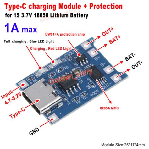 Type-C USB 5V 1A 18650 TC4056A Lithium Battery Charger Module Charging ...