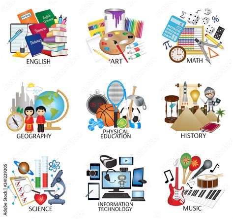 Education subject icon set - English, Art, Math, Geography, Physical Education, History, Science ...