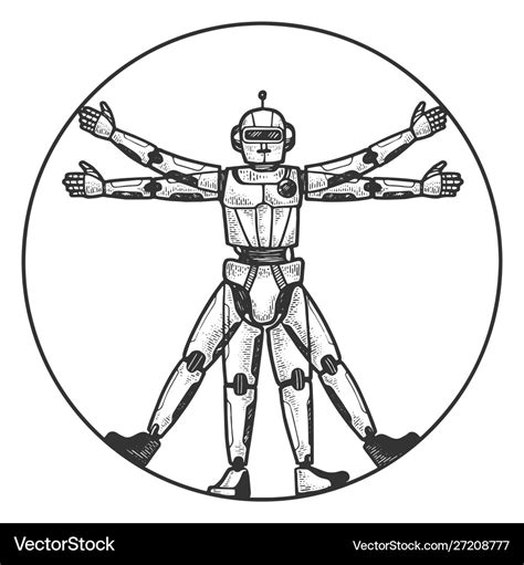 Robot vitruvian man sketch engraving Royalty Free Vector