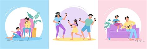 Premium Vector | Family playing vr and video games flat concept set ...