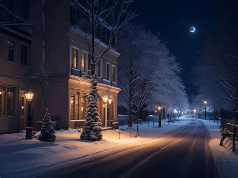 Premium AI Image | Winter Season Night Landscape with Snowy Trees and Starry Sky