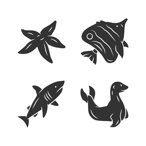 Sea animals glyph icons set. Starfish, butterflyfish, shark, seal ...