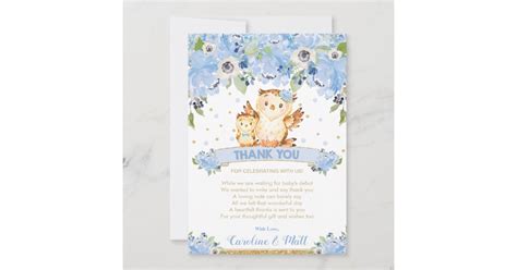 Blue Floral Owl Baby Shower Boy Thank You Card | Zazzle