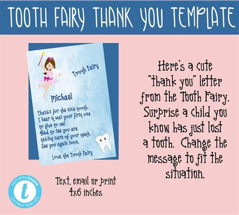 TOOTH FAIRY Thank You Note Template-4x6-from the Tooth Fairy-surprise a ...