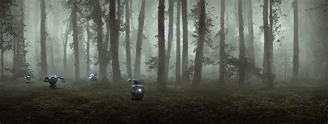 dark foggy forest in the night, dangeous scifi robots | Stable Diffusion