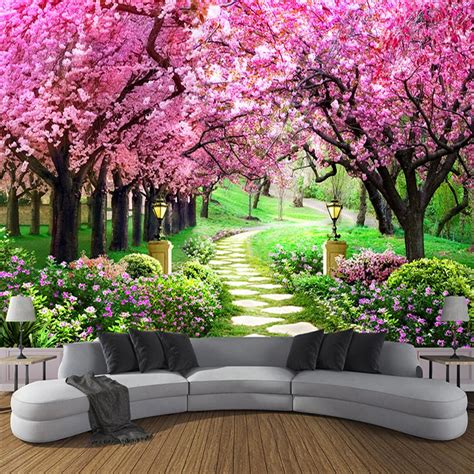 Custom 3D Photo Wallpaper Flower Romantic Cherry Blossom Tree Small Road Wall Mural Wallpapers ...